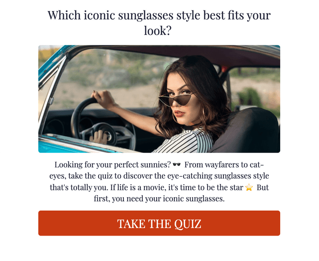 "Which iconic sunglasses style best fits your look?" quiz template cover page