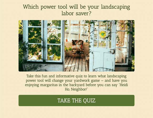 "Which power tool will be your landscaping labor saver?" quiz template cover page