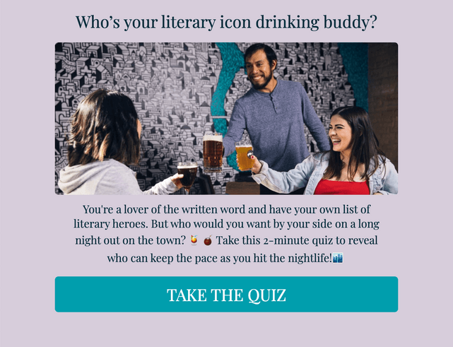 "Who’s your literary icon drinking buddy?" quiz template cover page