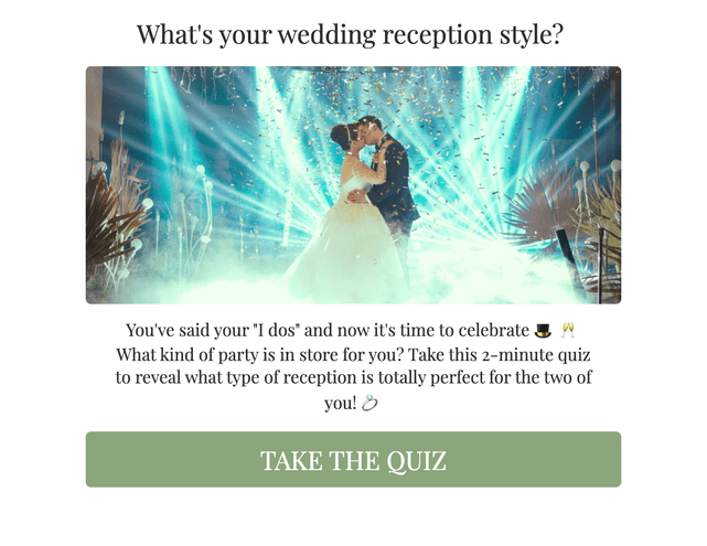 "What's your wedding reception style?" quiz template cover page