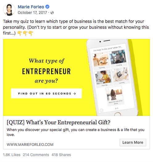 Marie Forleo Facebook post on What type of entrepreneur are you quiz