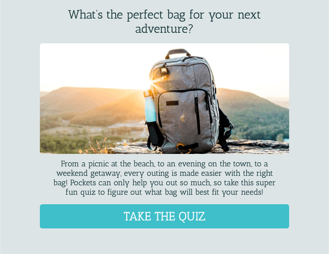 "What’s the perfect bag for your next adventure?" quiz template cover page