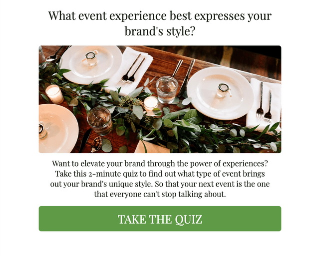 "What event experience best expresses your brand's style?" quiz template cover page