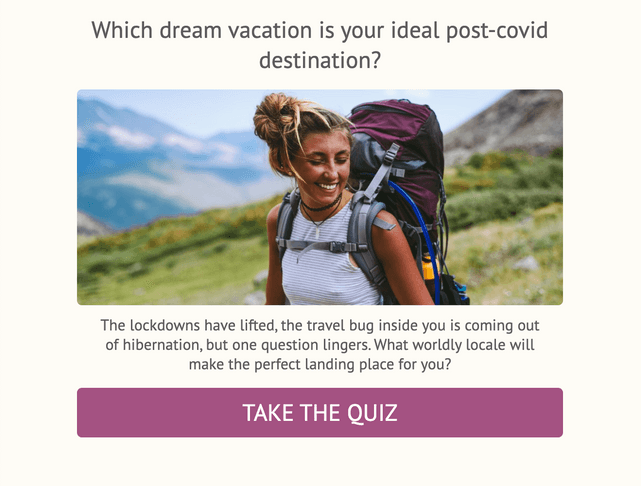 "Which dream vacation is your ideal post-covid destination?" quiz template cover page